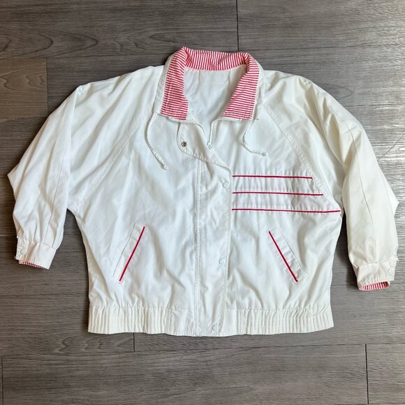 Vtg 80s White & Red Stripe Snap Front Windbreaker Light Jacket Izzi Size 2XL